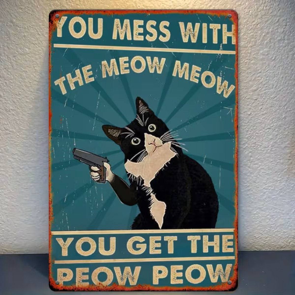 Muurbordje – Canvas poster - poster - Kattenposter – Kat decoratie – Humor – Vintage stijl – Houten muurbord – Wanddecoratie – Dierenposter – Cadeau – 20x15 cm
