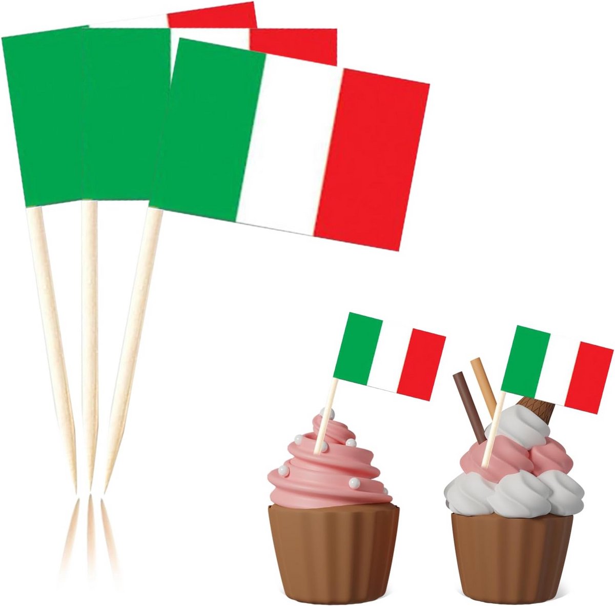 100x Decoratieve Italiaanse Vlag Prikkers voor Taart, Cupcake en Snacks