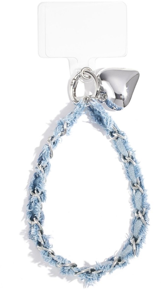 Telefoonkoord - LichtJeans - Blauw - Zilverkleurig hart - Met bevestigingskaartje