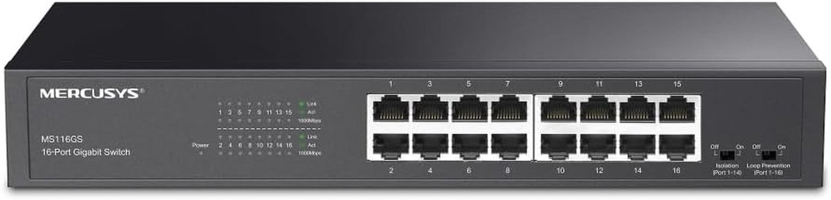 Gigabit Switch met 16 poorten - Desktop en Rackmontage, Plug & Play, Verkeersprioriteit en Stille Werking