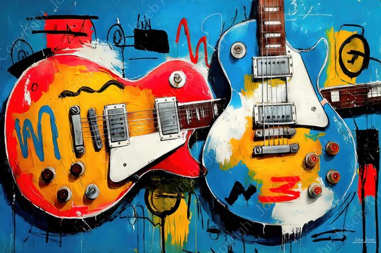 JJ-Art (Toile) 120x80 | Guitares, abstrait, style Herman Brood, coloré, art, instrument de musique, guitare, musique, rouge, bleu, blanc, jaune, moderne | Impression sur toile Photo-Painting (décoration murale)