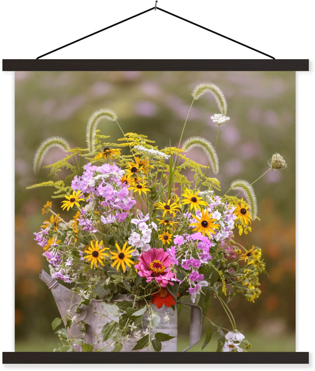 Posterhanger incl. Poster 40x40 cm - Schoolplaat - Bloemen - Gieter - Kleur - Textielposte
