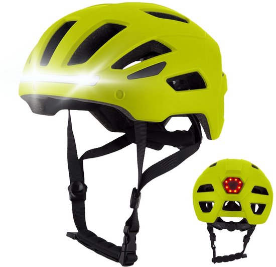 GOOFF® RIDER Casque de Vélo avec Éclairage - Casque E-Bike pour Adultes - Convient pour Vélo Électrique et Vélo de Route - Lumière LED - Femmes et Hommes - Jaune Fluo - L