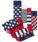 Vier Happy Socks met patronen: marineblauw met witte stippen, zwart-wit gestreept, rood-wit geblokt, en marineblauw met witte strepen.