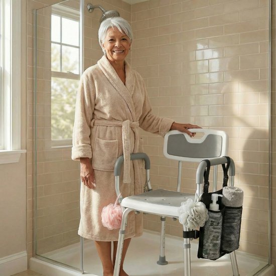 BY JRM® Douchestoel en Douchekruk met afneembare rugleuning en armleuning – 30 dagen uitproberen - anti slip – verstelbare hoogte - douchekrukje - Grijs