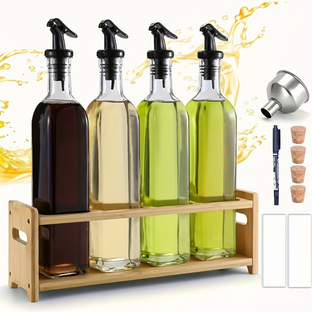 ML 29. Een set olie dispensers (4x500 ml) met rekken - olieflessen met schenktuiten - zwarte labels inbegrepen - transparante glazen olie flessenset,