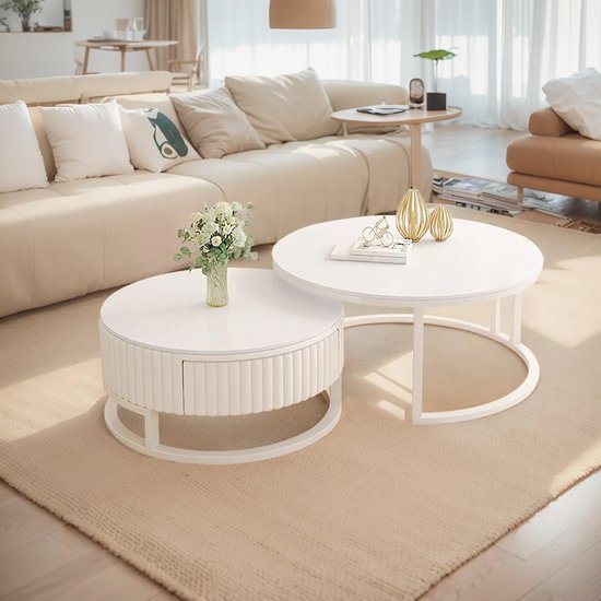 Ronde salontafel set van 2 - moderne woonkamertafel met marmeren blad ...