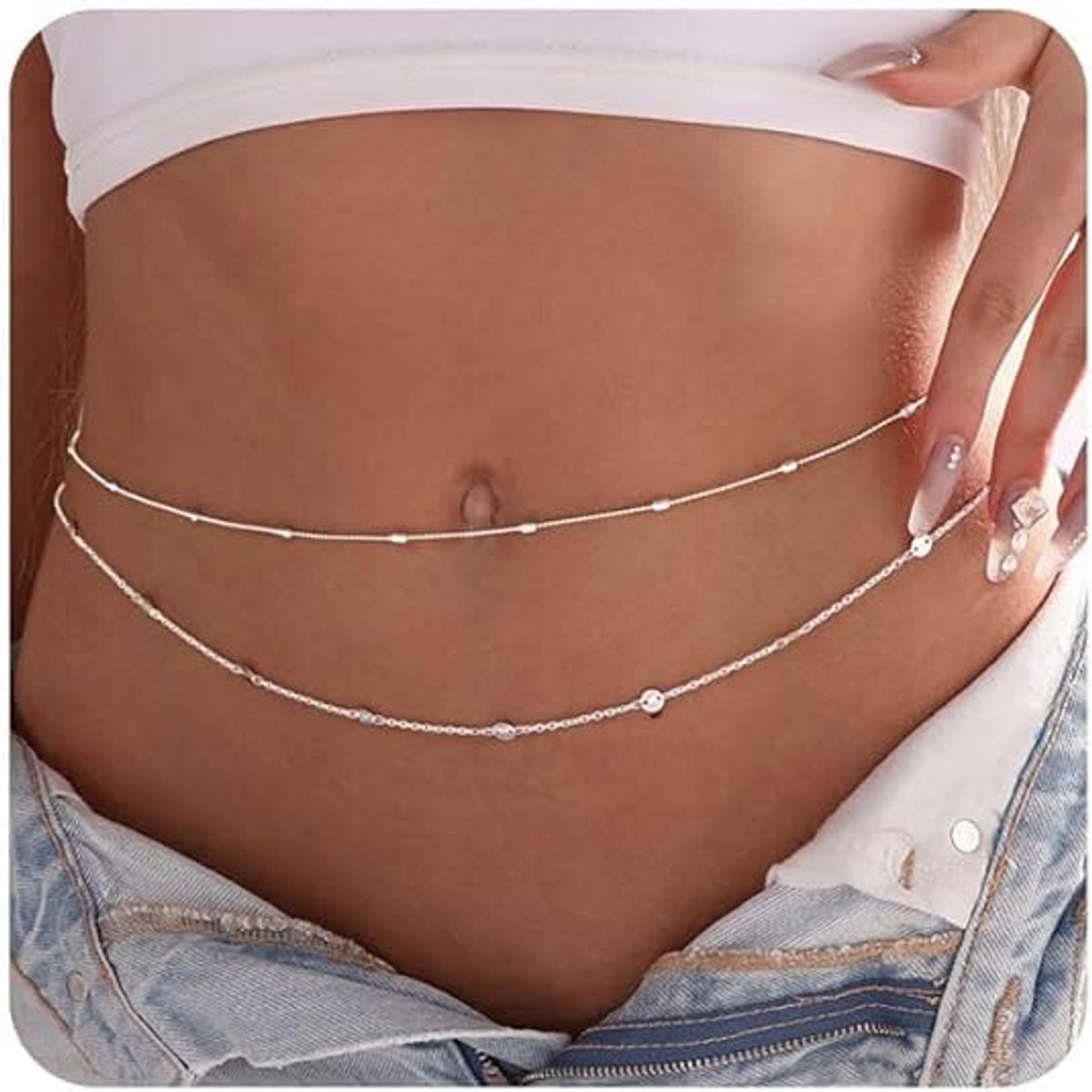 Hebterrka 2 stuks parel-taillekettingen, zilveren buikketting voor dames, sexy lichaamsketting, gelaagde heupketting, verstelbare ketting, sieraden voor bikini, zilver, L