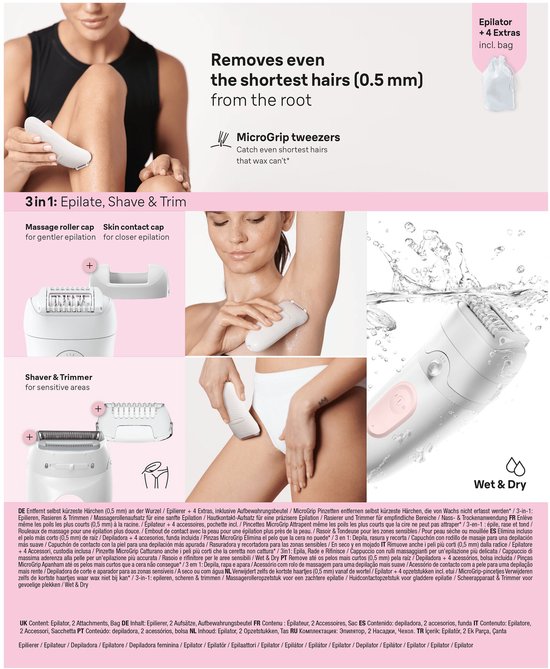 De Braun Silk·épil 5 is een witte en roze epilator die 3-in-1 is: epileren, scheren en trimmen. Getoond met accessoires en een vrouw die benen epileert.