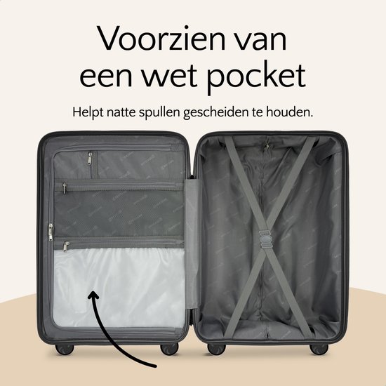 Open zwarte koffer met een natte-vak aan de linkerkant en kruisbanden aan de rechterkant.