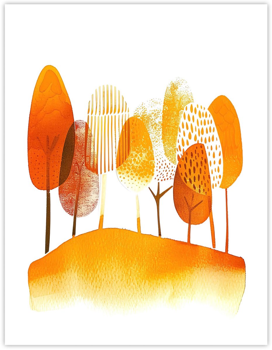 Unyqoos Grote abstracte muurposter van herfstbomen in warme oranje tinten, oranje-wit