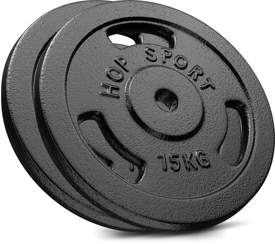 Twee zwarte gietijzeren haltersschijven van 15 kg, met inkepingen en tekst 'HOP SPORT'.