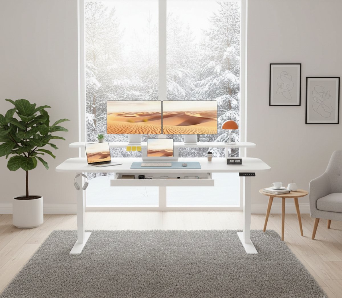 Elektrisch Zit-Sta Bureau 120x60cm met Laden, Monitorstandaard, Tablet Houder, Geheugenfunctie & Ergonomisch Werken – Wit – House&Garden