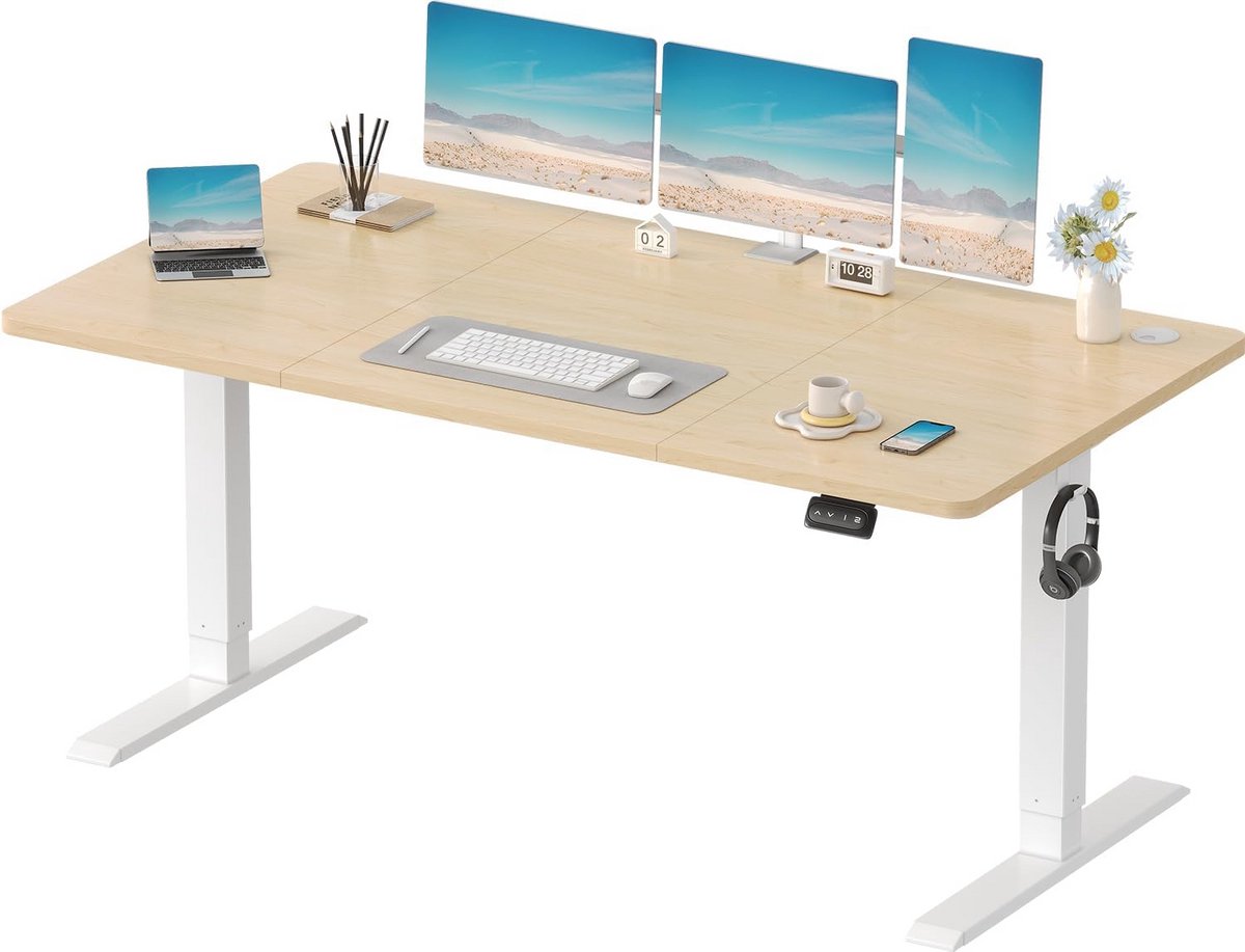 Elektrisch in Hoogte Verstelbaar Bureau 160 x 70 cm - Zit-Sta Bureau met Geheugenfunctie voor Werk en Studie - Beige