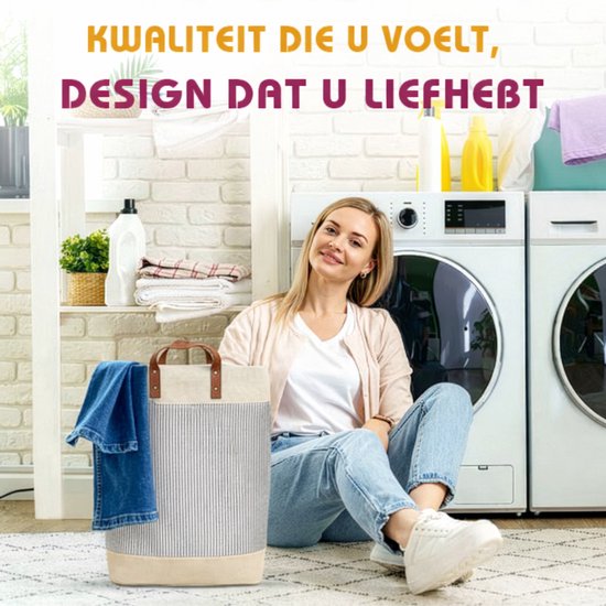 Webzon – Panier à linge – Paniers à linge – Panier à linge pliable – Panier à linge pliable – 30×35×55 cm – Design anglais – Tissu jute avec poignées en cuir – Panier de rangement – Pliable et gain de place – Gris crème
