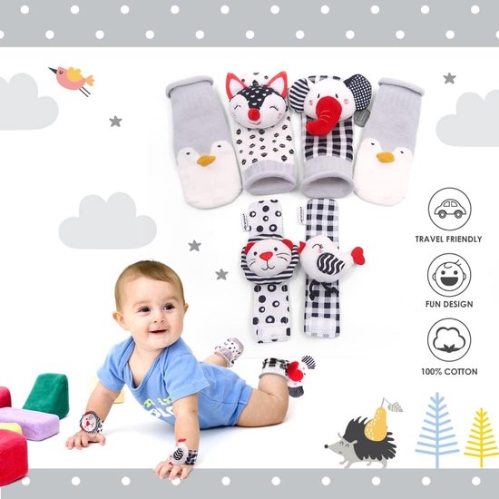 3-in-1 Rammelsokken en Polsbanden voor Baby's - Schattige Dierensokken met Rammelaars voor Kinderen van 0 tot 12 Maanden — afbeelding 2
