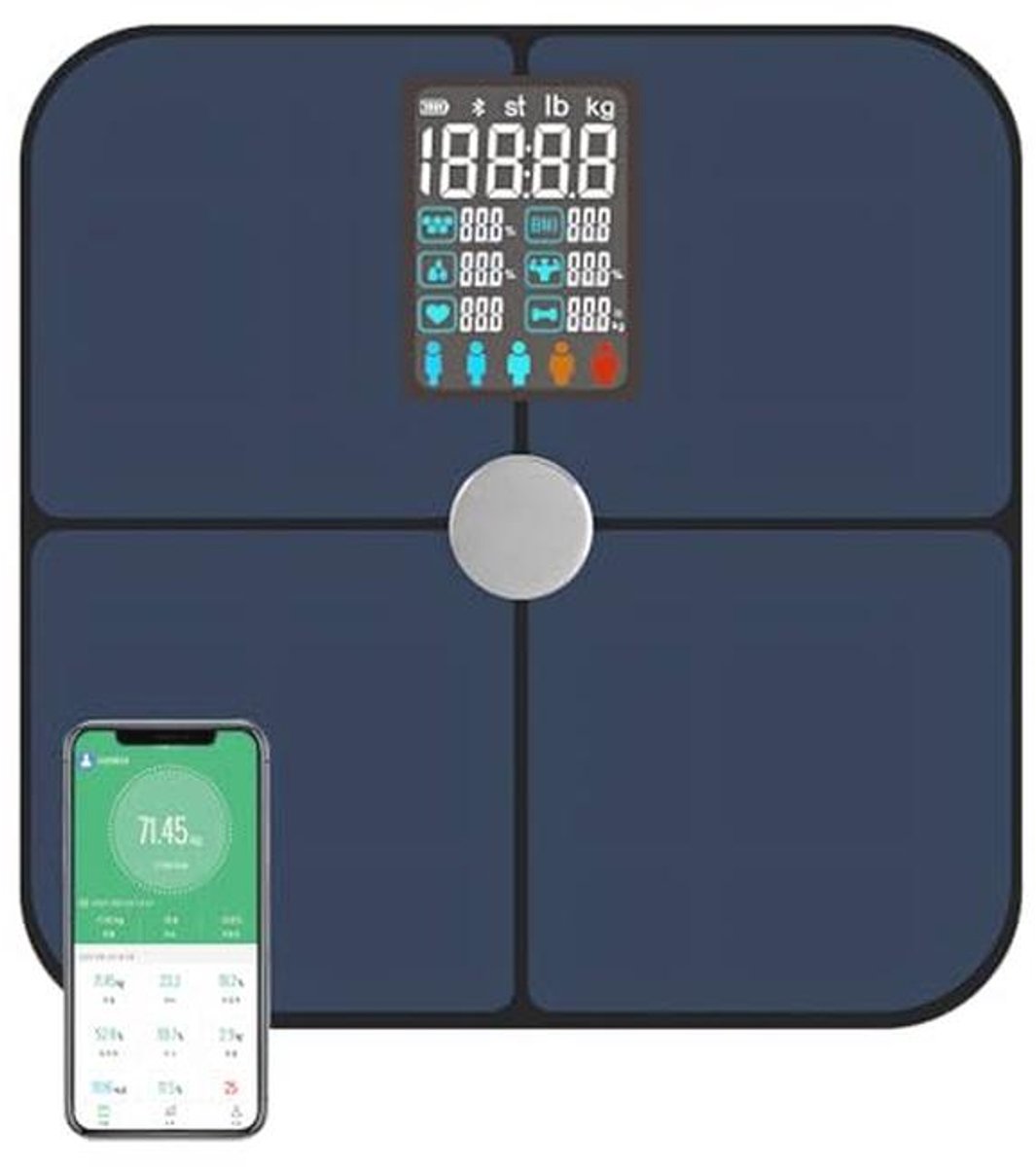 Digitale persoonlijke weegschaal met smartphone synchronisatie en groot display