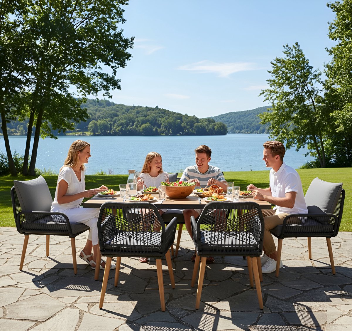 Luxe Outdoor Loungeset voor 6 Personen XL – Weerbestendig Touwvlechtwerk & WPC Houtlook Tafelblad – Complete Zitgroep met Bank, Stoelen, Tafel & Kussens – 179 cm Diepte – Antraciet/Hout – Altameubel