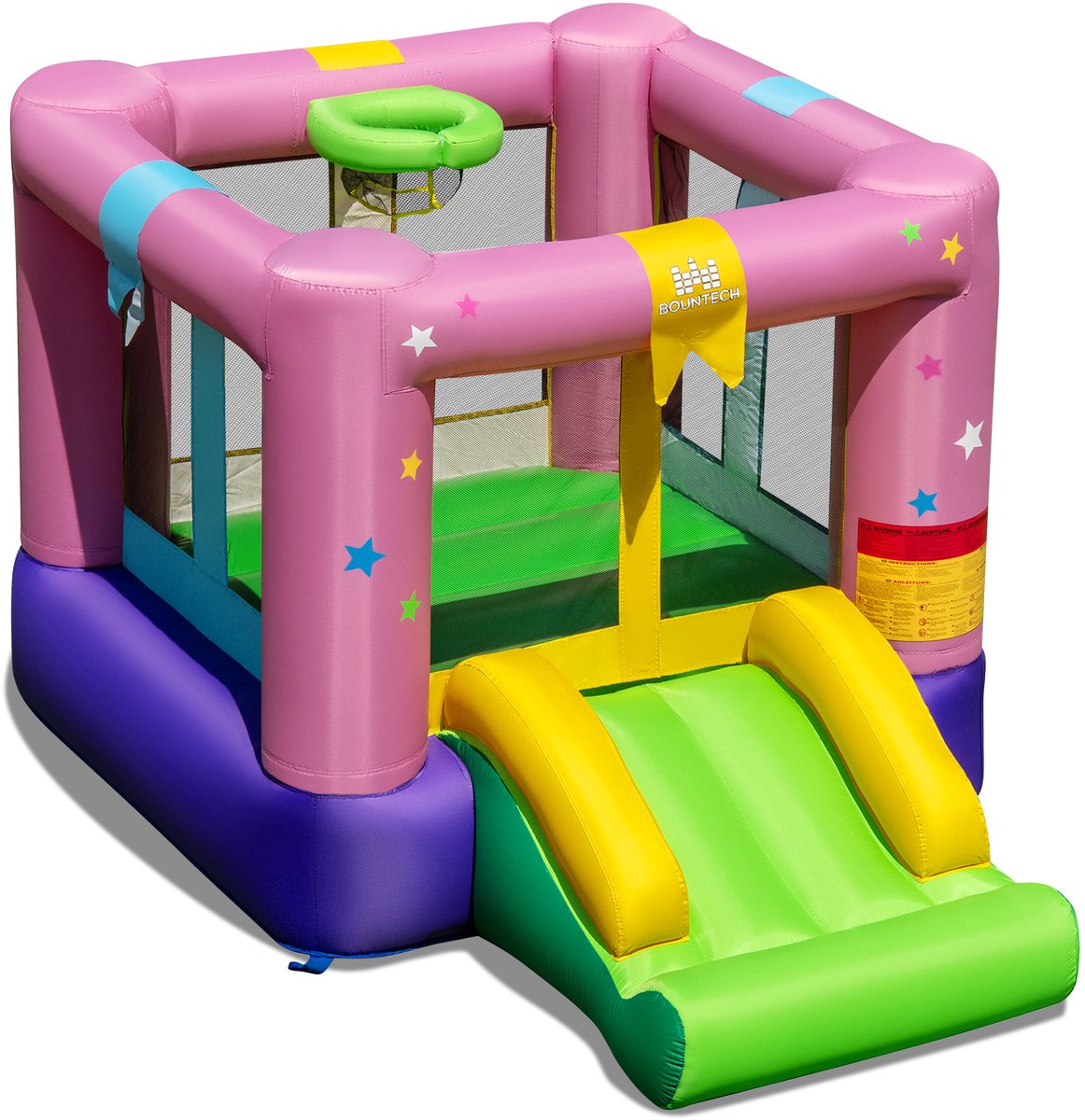 COSTWAY Springkasteel met glijbaan, springgebied & basketbalmand, voor binnen en buiten, incl. draagtas, reparatieset, 240 x 174 x 143 cm