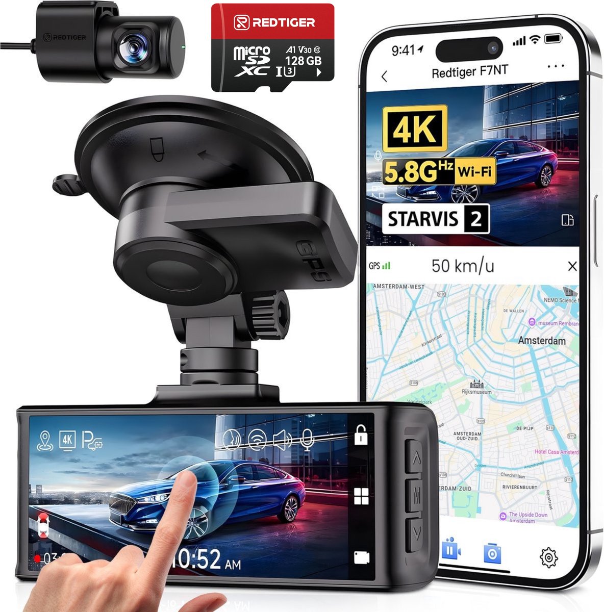 RedTiger F7NT - Dual Dashcam voor auto - Ultra 4K & 1080P - Voor en Achter Camera - 2024 model - Met Touchscreen - WiFi en GPS - 3.20 Inch met App - Sony Sensor Nachtzicht - Parkeerbewaking - G Sensor - Loop opname - Met 64GB SD Kaart