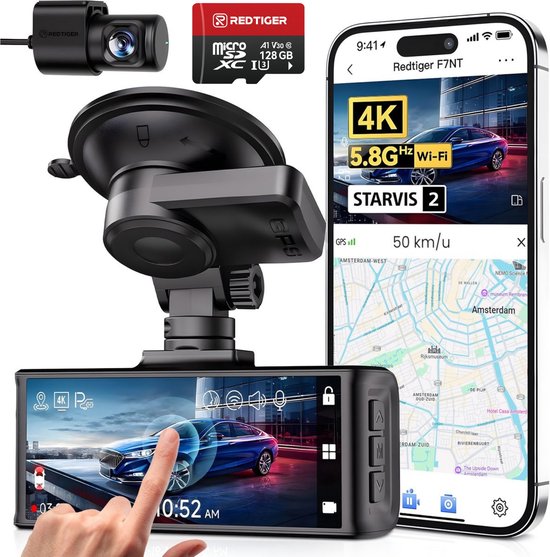 RedTiger F7NTouch - Dual Dashcam voor auto - Ultra 4K & 1080P - Voor en Achter Camera - 2025 model - Met Touchscreen - WiFi en GPS - 3.20 Inch met App - Sony Sensor Nachtzicht - Dashcams - Parkeerbewaking - G Sensor - Loop opname - 128GB SD Kaart