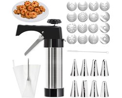 Koekjespers - RVS Deegspuit met 16 Vormen en 8 Mondstukken - Inclusief Schoonmaakborstel - Voor Biscuits en Cake Decoratie - Compleet Set