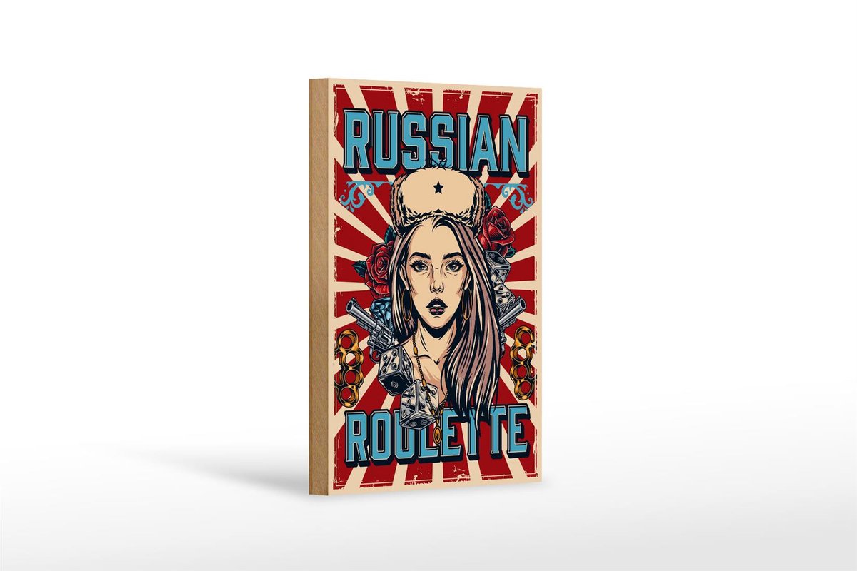 Holzschild Pinup 12x18cm russian roulette