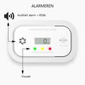 Witte koolmonoxidemelder met digitaal display, pijlen wijzen naar 'Visueel' en een geluidssymbool.