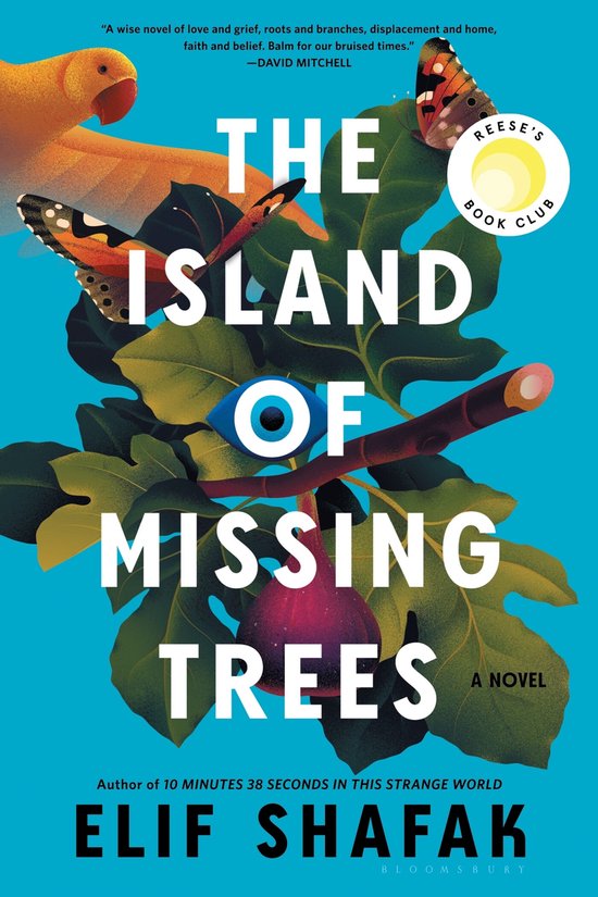 Couverture du livre 'The Island of Missing Trees'. Un perroquet et des papillons sur des feuilles de figuier, avec un œil bleu au centre.