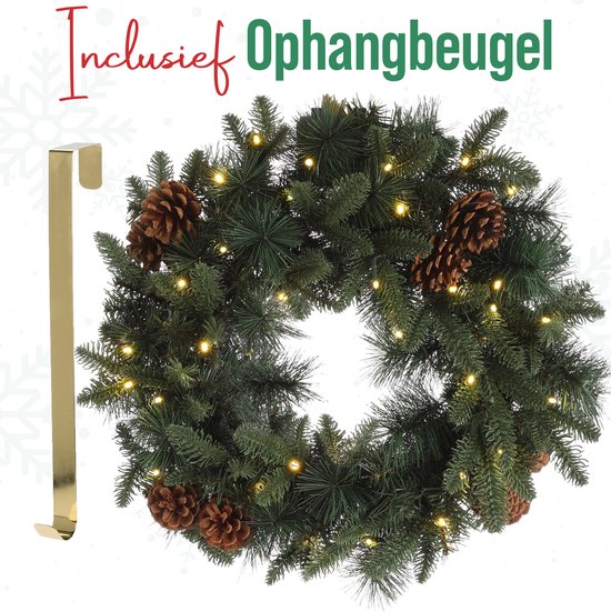 Meisterhome Kerstkrans van 50 cm - Inclusief Ophangbeugel en 35 Warmwitte LED's - Timer - Dennenappels - Kerstkrans met verlichting