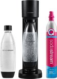 Zwarte Sodastream Gaia bruiswatertoestel met een lege fles, een fles bruiswater en een CO2-cilinder.