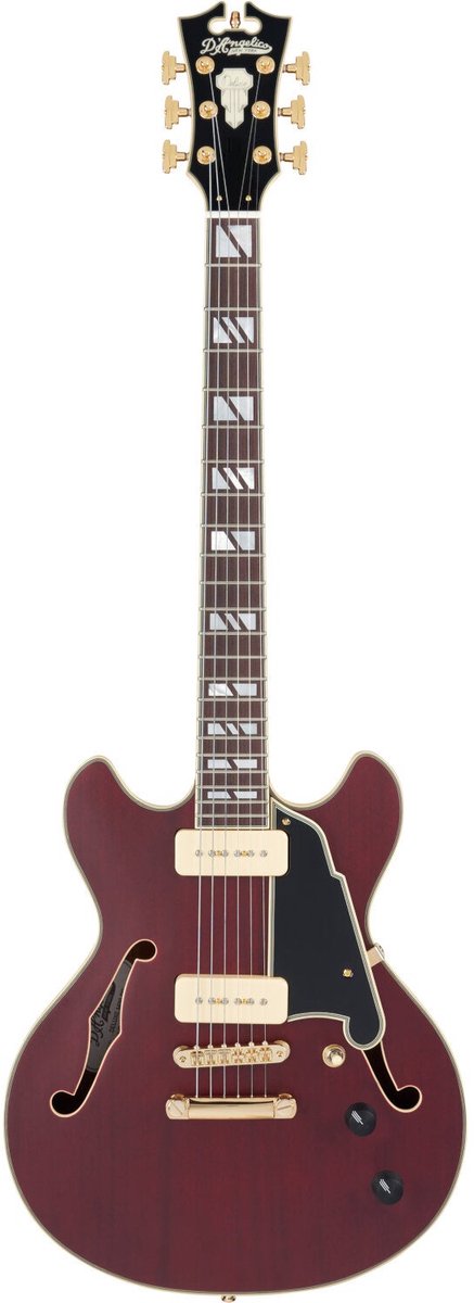 D'Angelico Deluxe Mini DC Stopbar Trans Wine semi-akoestische gitaar met koffer