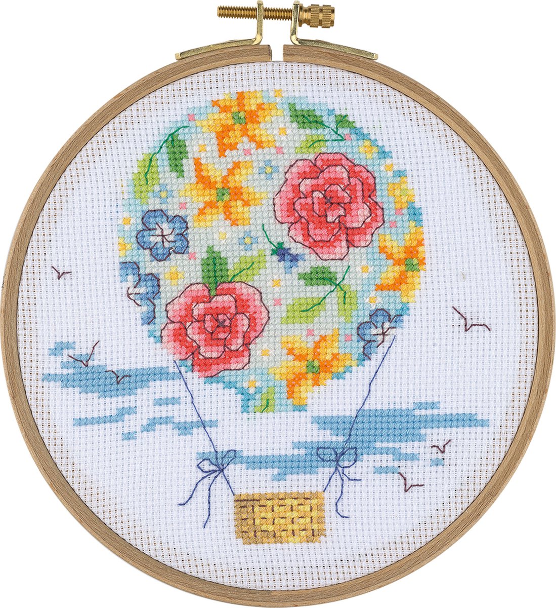 Borduurpakket My Cross Stitch - Luchtballon met bloemen - Met houten ring
