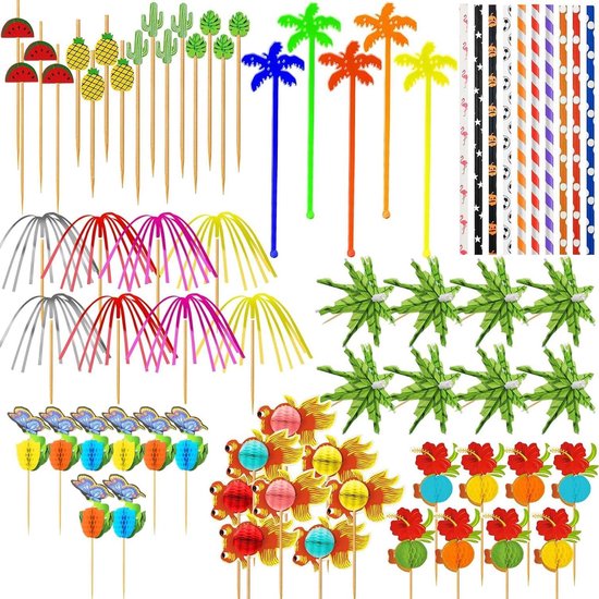 Nordivar - Cocktail Decoratie Set met Herbruikbare Accessoires, Paraplu's, Vuurwerk Stokken, Roerstokken en Rietjes - Feest Decoraties voor Zomerse Cocktail Party's en de Bar