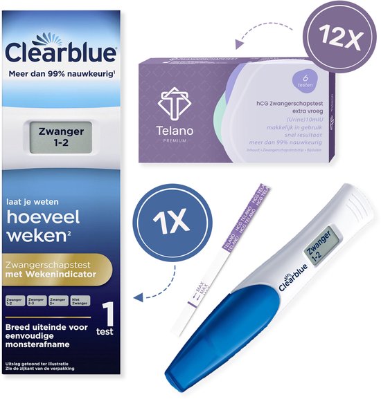 Telano Zwangerschapstesten 12 stuks Extra Vroeg + 1x Clearblue Zwangerschapstest met Wekenindicator - Set