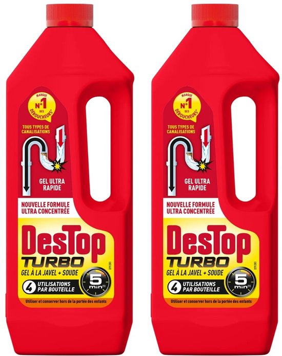 Twee rode flessen DesTop Turbo ontstopper. De flessen hebben een geel logo met de tekst 'N°1 DES DÉBOUCHEURS' en een afbeelding van een verstopte afvoer.