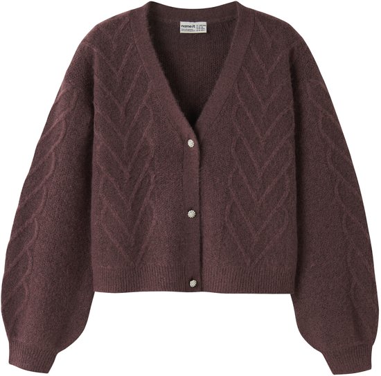 Bruin gebreid vest met V-hals, knoopsluiting met parelmoeren knopen en pofmouwen.