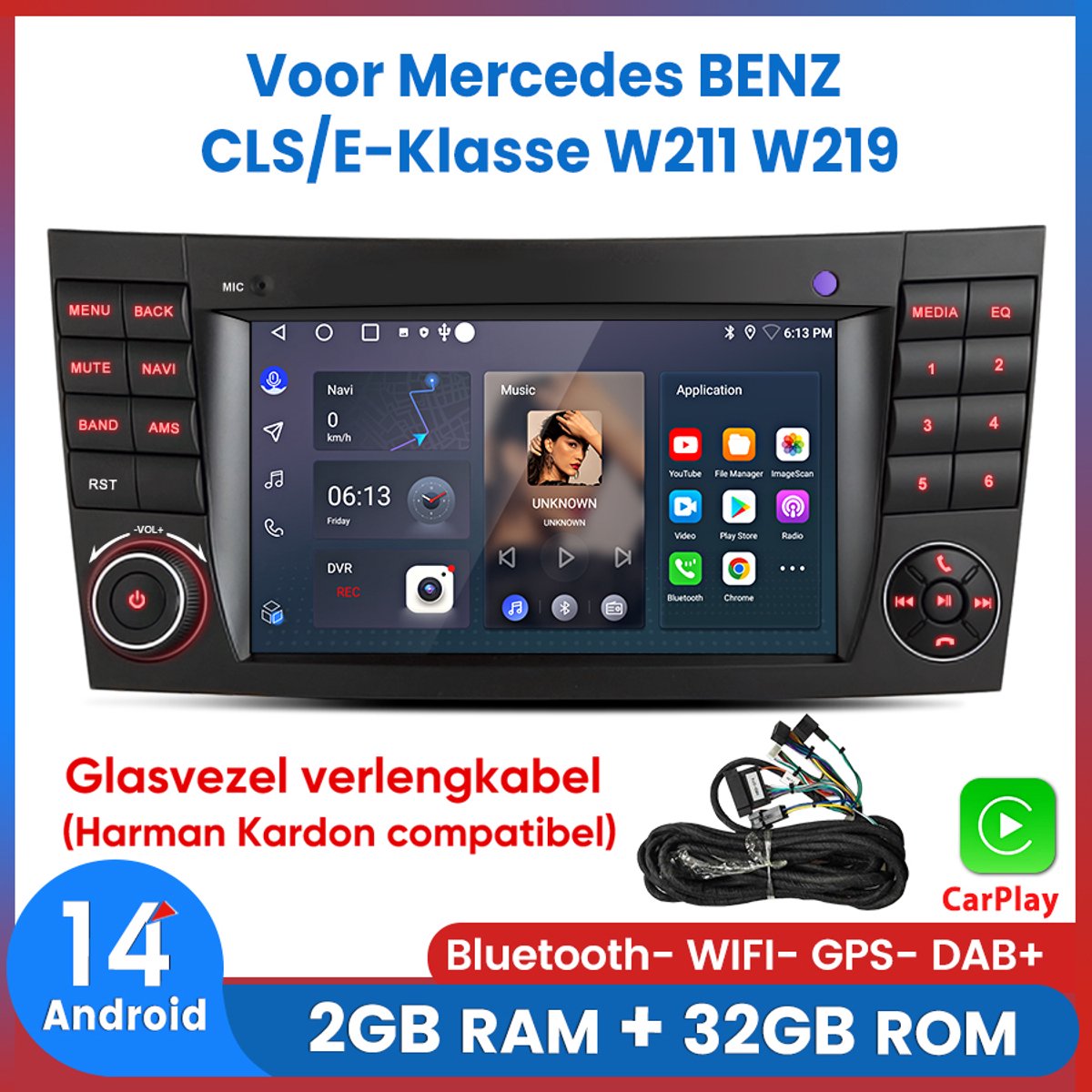 Awesafe Autoradio - Geschikt Voor Mercedes BENZ CLS/E-Klasse W211 W219 - Met navigatie GPS - 2GB+32GB - Bluetooth WIFI - Apple Carplay & Android auto - Radio scherm - Ondersteuning voor Harman Carton-systeem - Bevat fiberoptische verlengingskabels