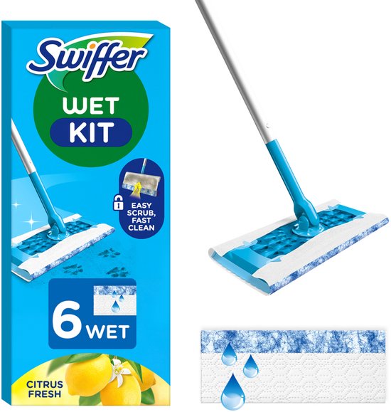 Kit de démarrage Swiffer Wet avec une raclette bleue et blanche et un parfum d'agrumes. Incluant 6 lingettes humides.