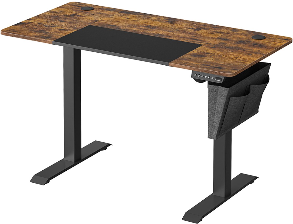 Elektrisch verstelbaar bureau 60×120×72-120 cm vintage bruin + zwart hoogte verstelbaar met geheugenfunctie 4 instellingen samengesteld tafelblad met zij-opbergzak en haken stabiel en geluidsarm geschikt voor kantoor thuiswerken of studeren