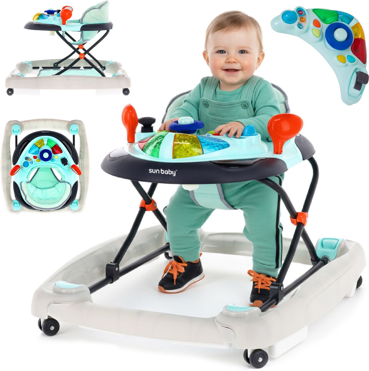 sun baby Loopstoel, baby walker vanaf 6 maanden, verstelbare hoogte, rubberen wielen - Blauw-Grijs