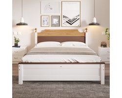 Tweepersoonsbed, houten bed, grenenhouten frame met middenpoot, jeugdbed, bed voor volwassenen, met hoofd- en voeteneinde van MDF, colour blocking, wit, 140x200 cm