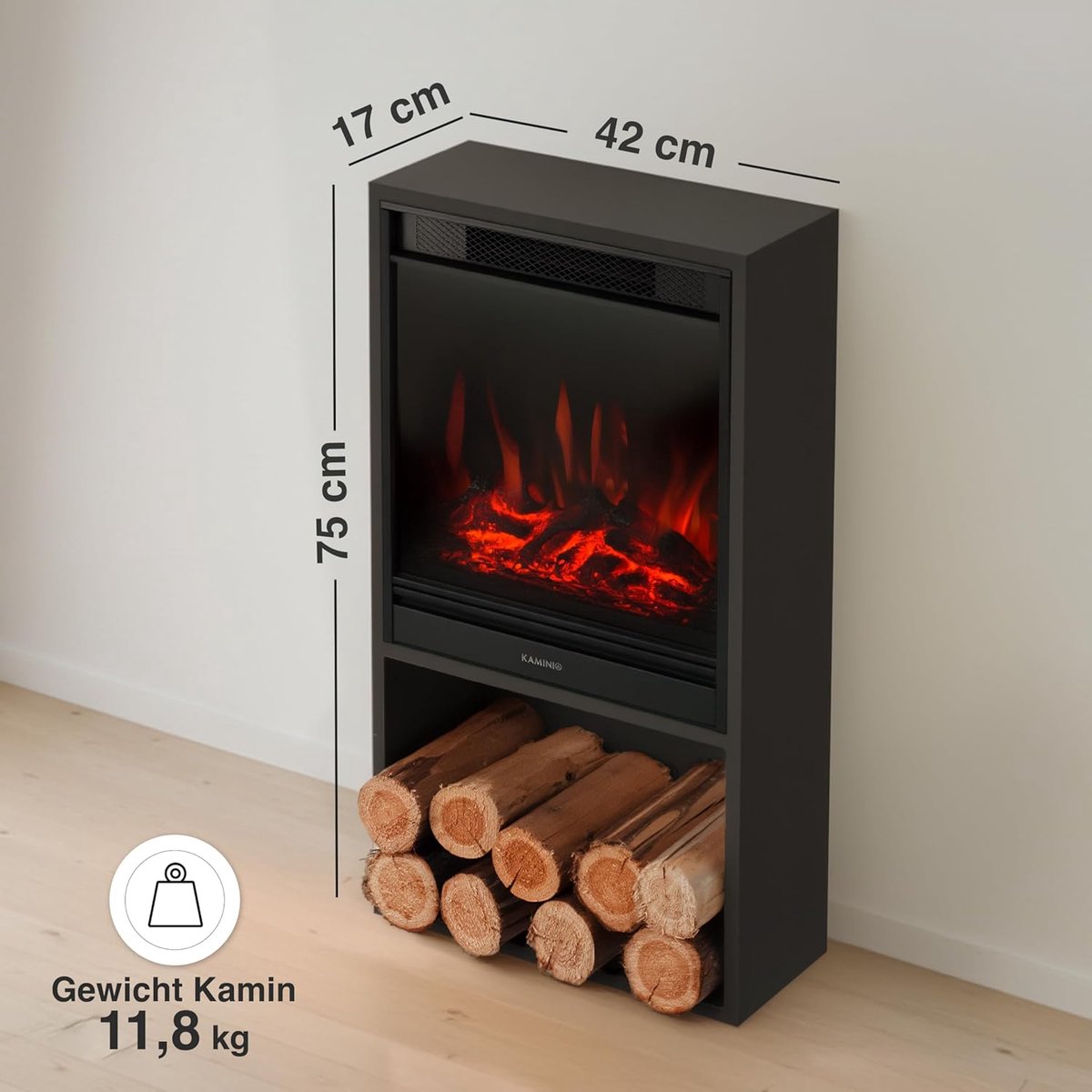 Luxe Elektrische Haard met Verwarming 75 cm – 3D Vlameffect, LED Sfeerverlichting, Decoratief Houten Compartment, 2-Standen Kachel, Afstandsbediening, Stil & Energiezuinig – 42×17×75 cm