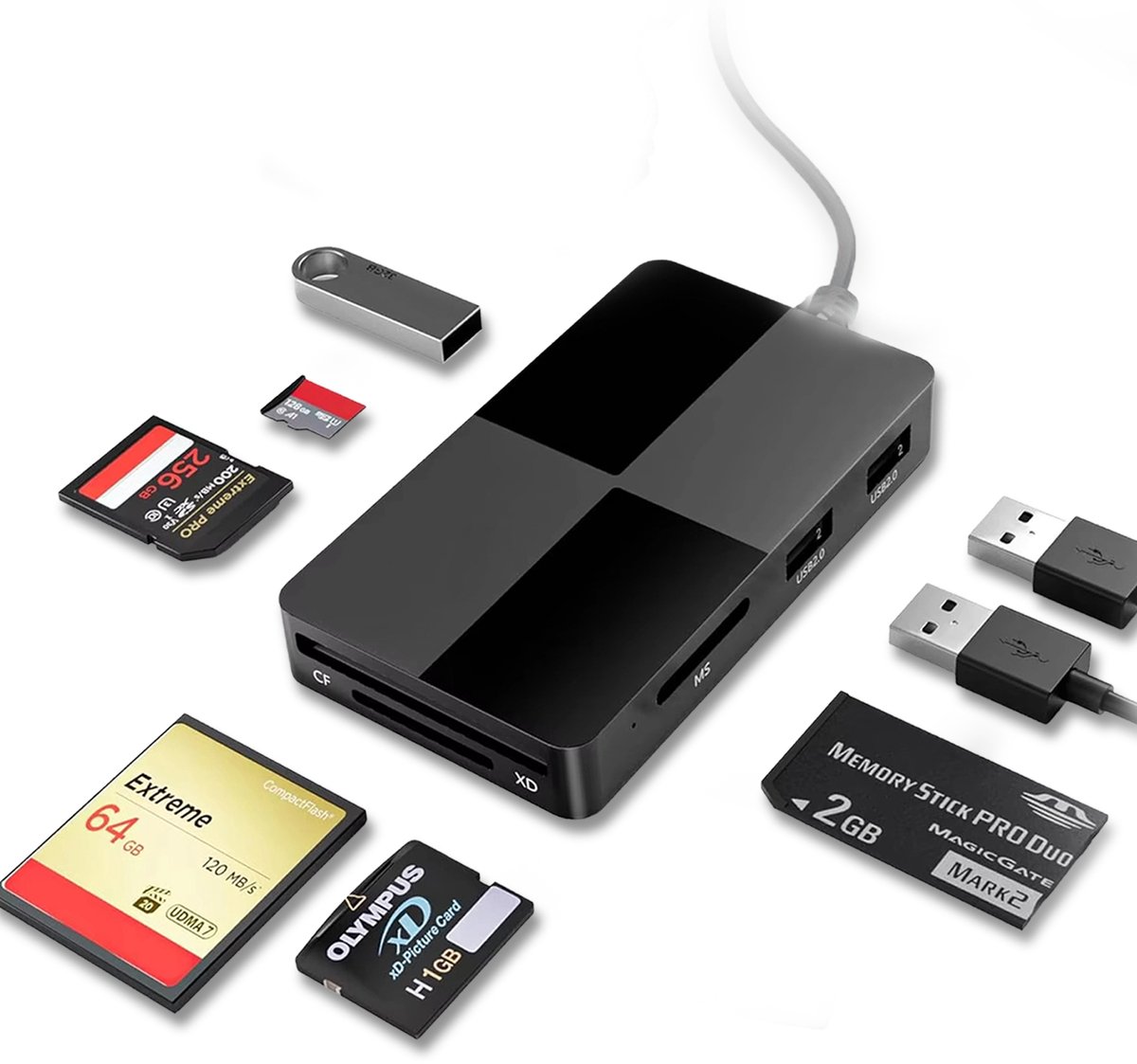 Santo Origin 8-in-1 SD Kaart lezer – SD / Micro SD (TF) / CompactFlash (CF) / XD / Memory Stick – USB-C & USB-A – Voor iPhone, iPad, MacBook, Windows & Android