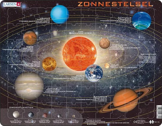 Larsen Het zonnestelsel – Puzzel – Ruimte & Wetenschap – Zonnestelsel – Educatieve legpuzzel voor kinderen – 70 stukjes – Gemaakt in Noorwegen – Extra dikke 2,5 mm stukjes – Tray met vaste rand