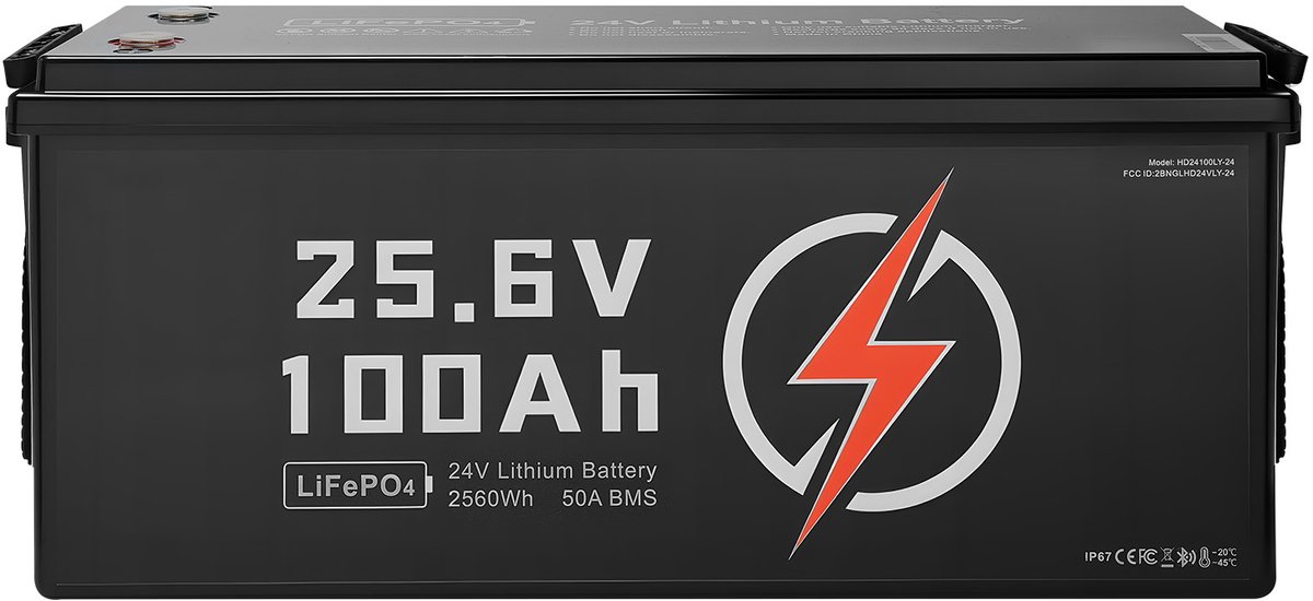 24V 100Ah LiFePO4 Lithium Accu met Bluetooth, Opladbare Diepcyclus Accu, Geïntegreerde 50A BMS, Lage Temperatuur Bescherming, Meer dan 4000 Opladcycli, Maximale Capaciteit 2560Wh, Ideaal voor campers, Caravans, Maritiem Gebruik en Trolling Motors