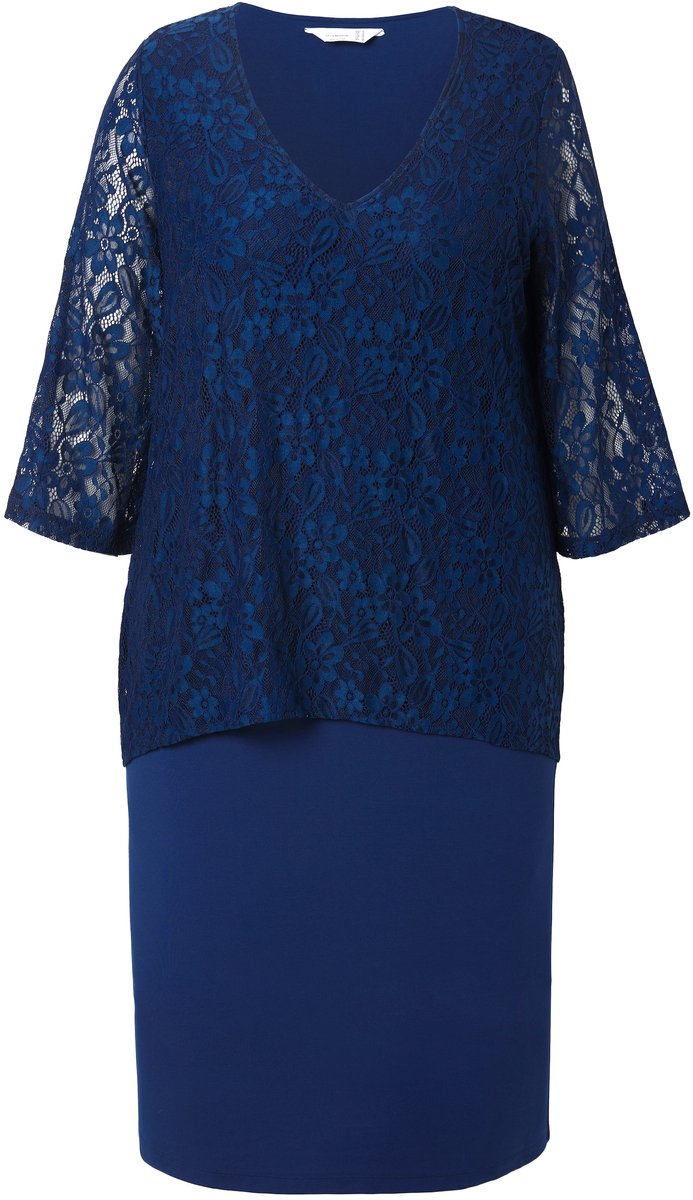 MIAMODA - Dames - Kanten jurk ondoorzichtige jersey onderjurk - Donkerblauw - Maat 56