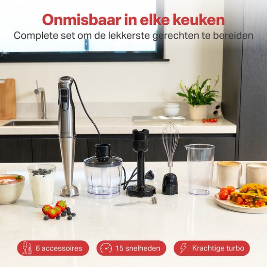 AoraKitchen - Staafmixer Set - 1000W - 15 Snelheden - Melkopschuimer - Hakmolen - Maatbeker - Garde van AoraKitchen — afbeelding 3