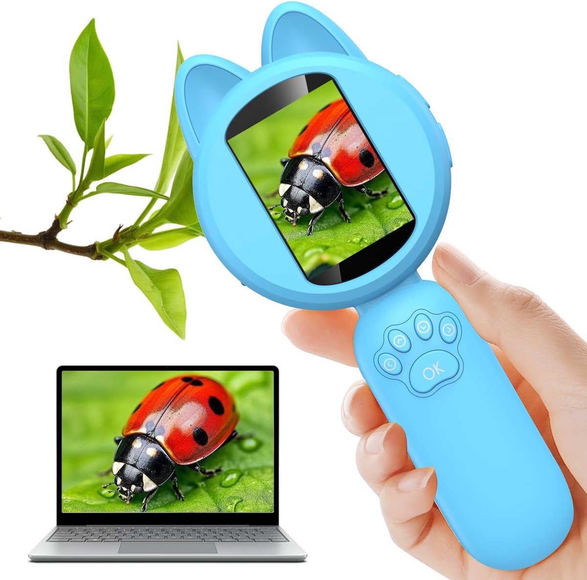 Kindervergrootglas, 100x handmicroscoop met 2 inch LCD scherm, kindervergrootglas met 8 LED lampjes - blauw