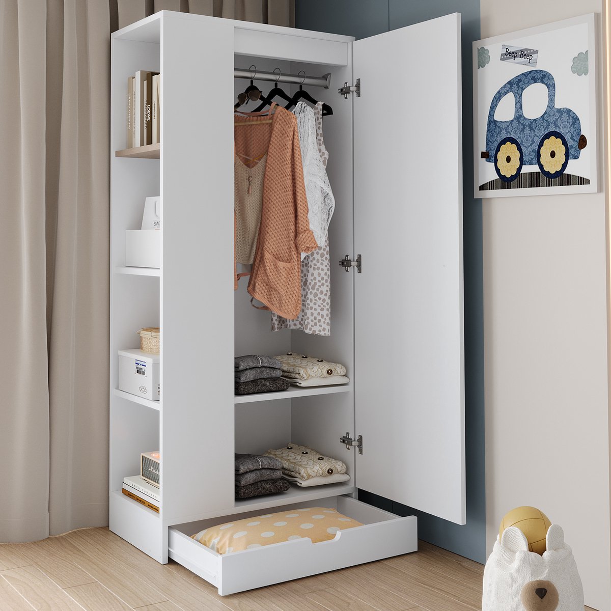 Sweiko Kledingkast - Opbergplanken - Met lades - 70 x 40 x 170 cm - Wit